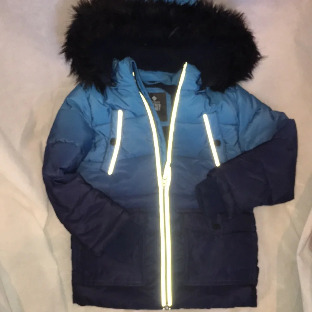 Kids Blue Ombre Puffer Jacket with removable Faux Fur Hood